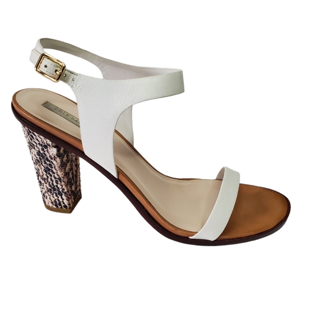 Cole Haan "Cambon" Leather Chunky  Heel Open Toe Sandals White/Snake Print Sz 10